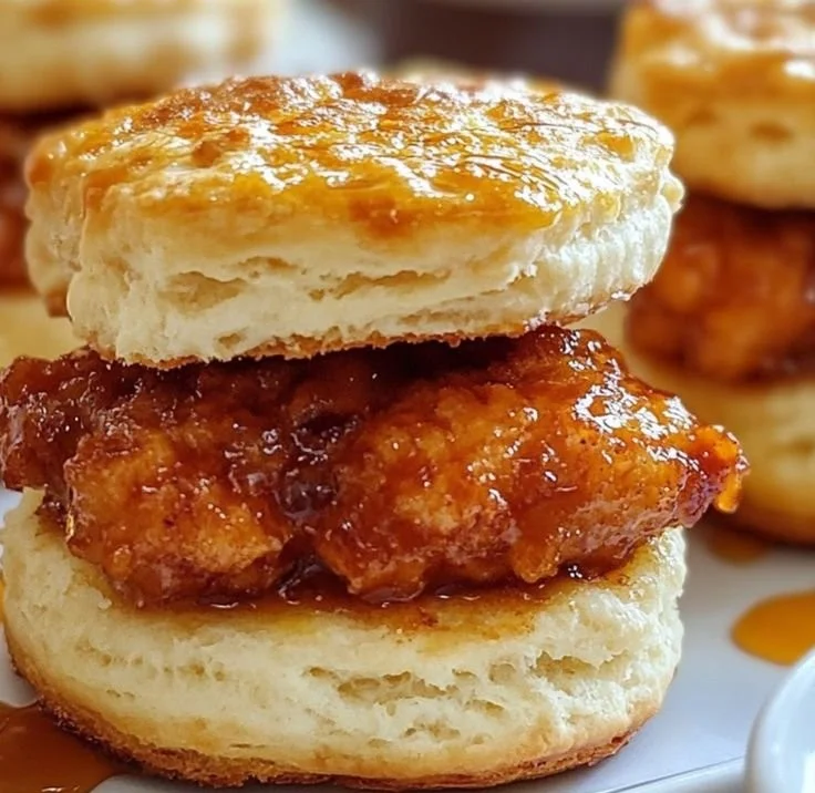 Hot honey chicken biscuits served on a plate with crispy edges and honey drizzle