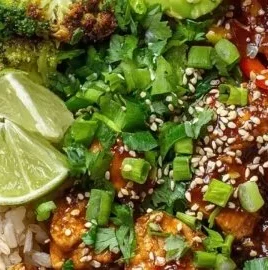 Delicious hot honey chicken bowls with vibrant vegetables and rice