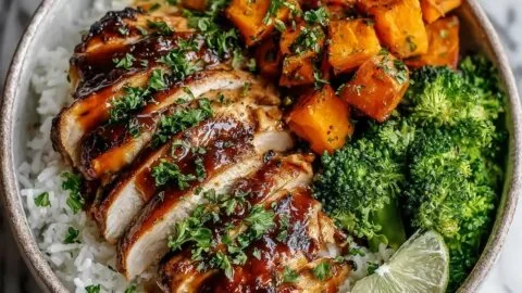 Delicious hot honey chicken bowl served with rice and vegetables