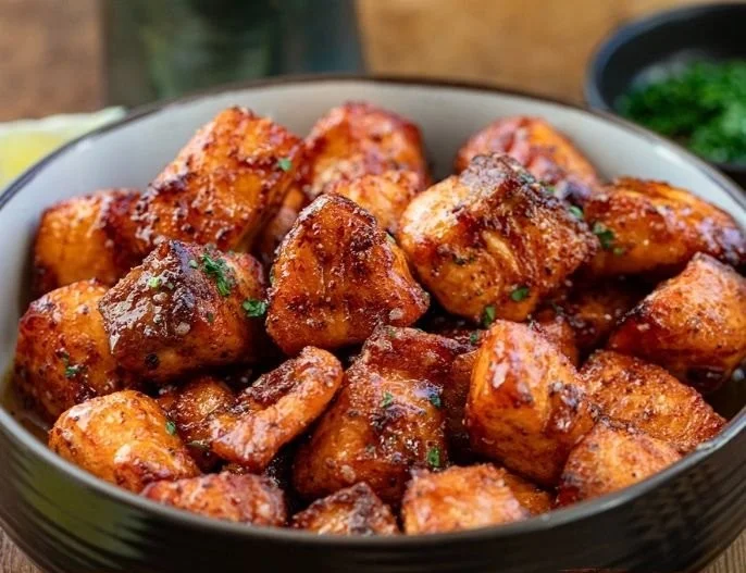 Delicious Hot Honey Salmon Bites served on a platter