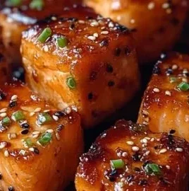Crunchy honey garlic salmon bites garnished and ready to serve