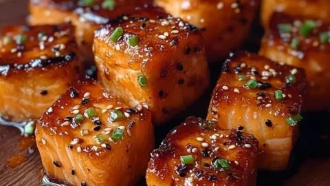 Crunchy honey garlic salmon bites garnished and ready to serve
