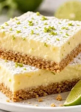 Delicious Key Lime Pie Bars garnished with lime slices and whipped cream