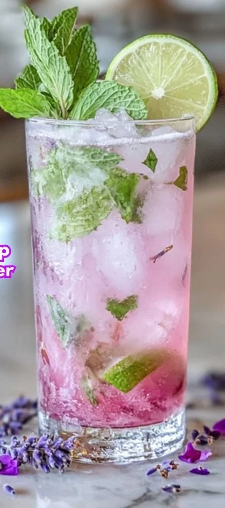 Lavender Mojito Mocktail garnished with fresh lavender and mint leaves