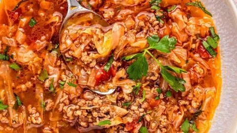 Bowl of low carb cabbage soup, healthy and hearty for weight loss
