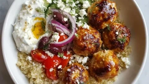 Mediterranean Hot Honey Chicken Meatball Bowls with Tzatziki and Quinoa