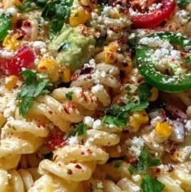 Colorful bowl of Mexican Style Elote Pasta Salad with corn, pasta, and spices