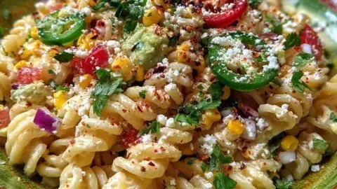 Colorful bowl of Mexican Style Elote Pasta Salad with corn, pasta, and spices