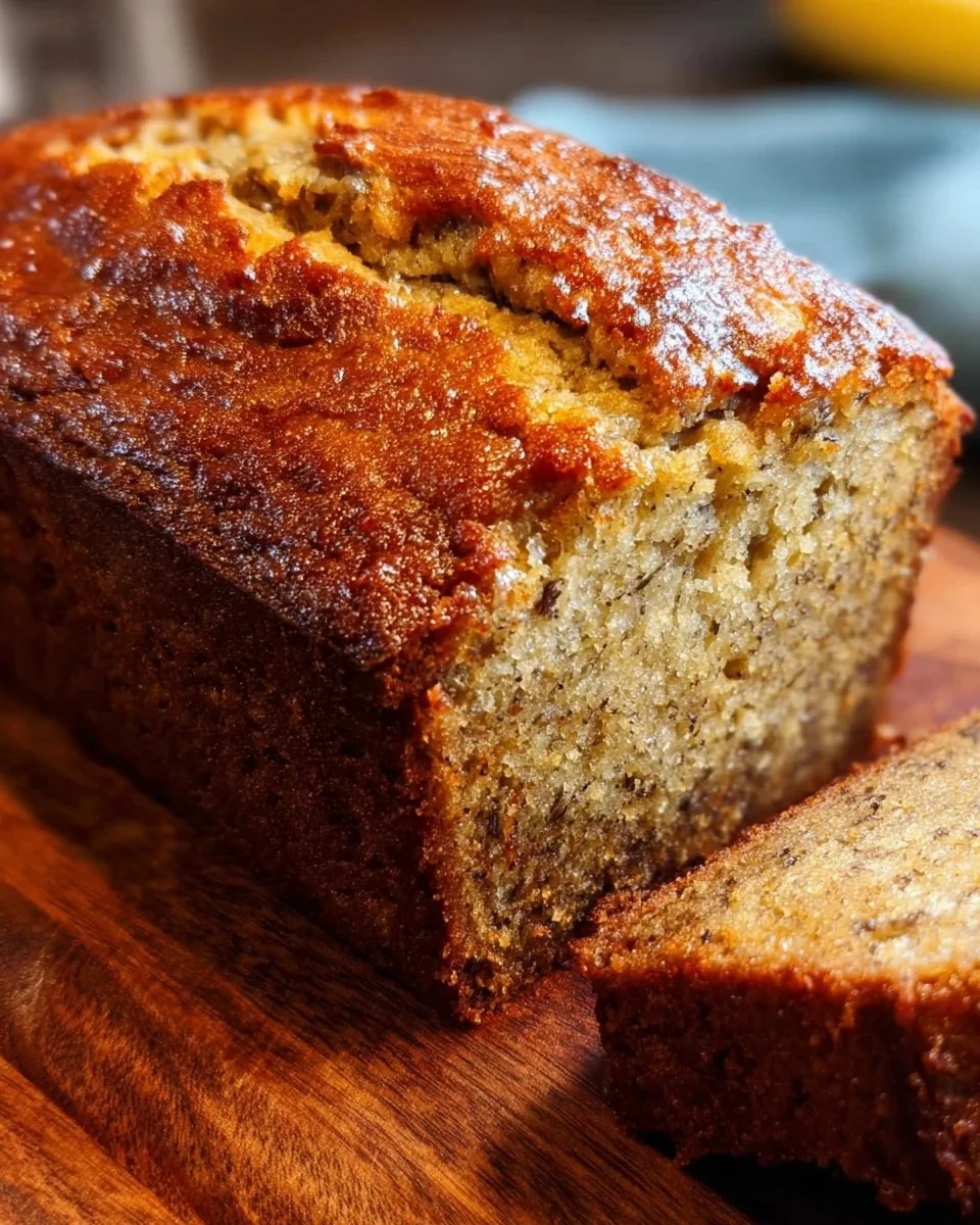Delicious slice of Old Fashioned Banana Bread on a wooden table