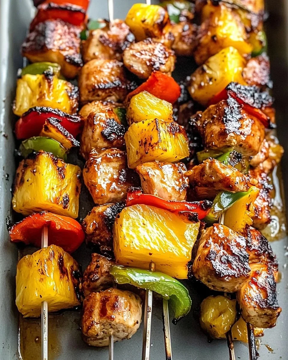Grilled pineapple chicken kabobs served on a platter