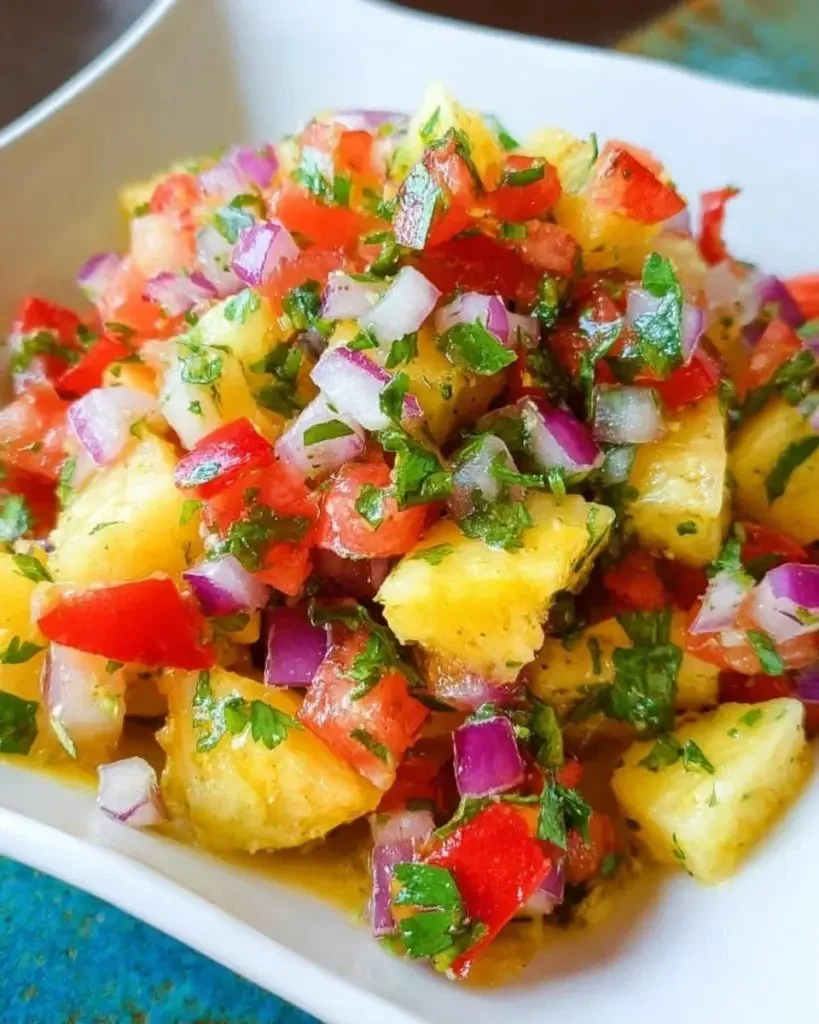 Delicious and colorful pineapple salsa served in a bowl