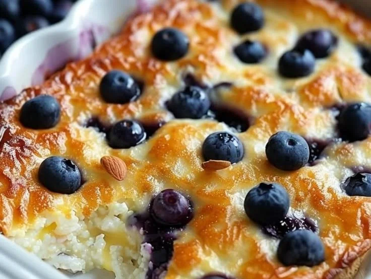 Protein-packed blueberry cottage cheese bake in a baking dish