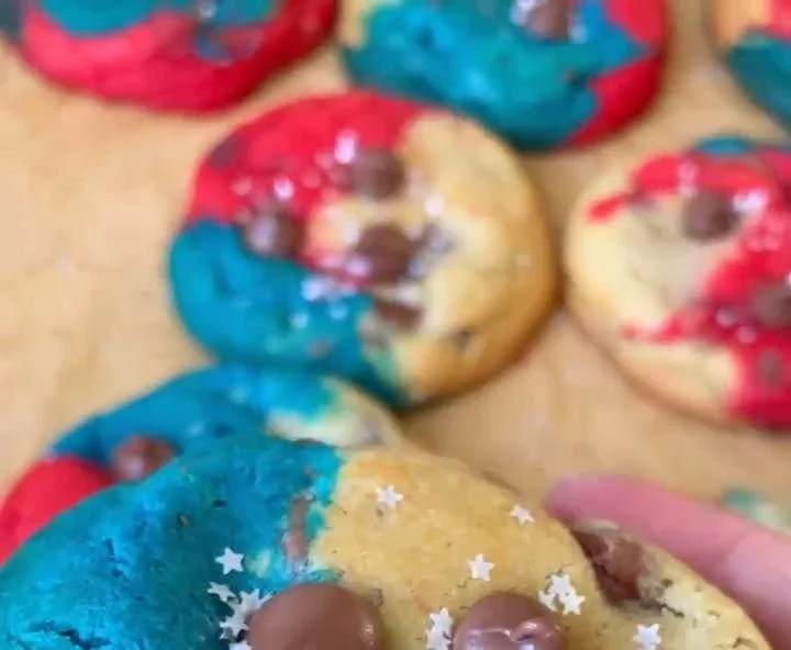 Red, White, and Blue Chocolate Chip Cookies decorated for festive occasions