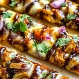 Savory BBQ chicken flatbread pizza topped with cheese and green onions.