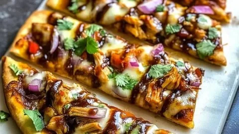Savory BBQ chicken flatbread pizza topped with cheese and green onions.