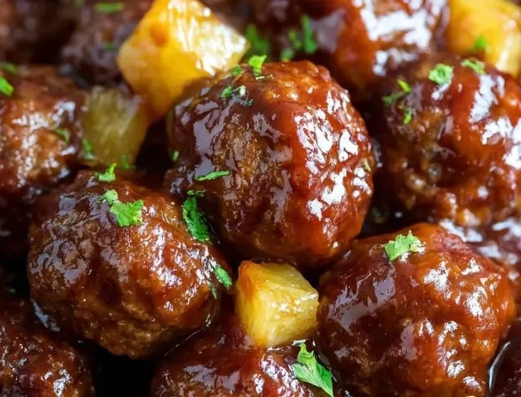 Slow Cooker Pineapple Barbecue Meatballs served in a bowl with sauce