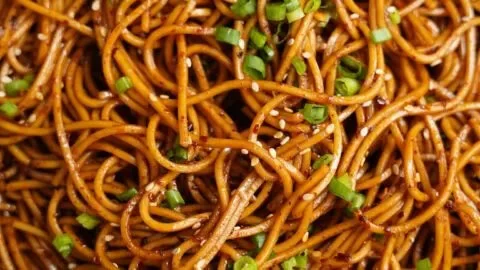 Delicious spicy noodles with vibrant toppings and ingredients