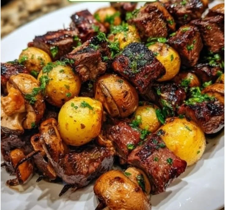 Delicious grilled steak kabobs with colorful vegetables on skewers