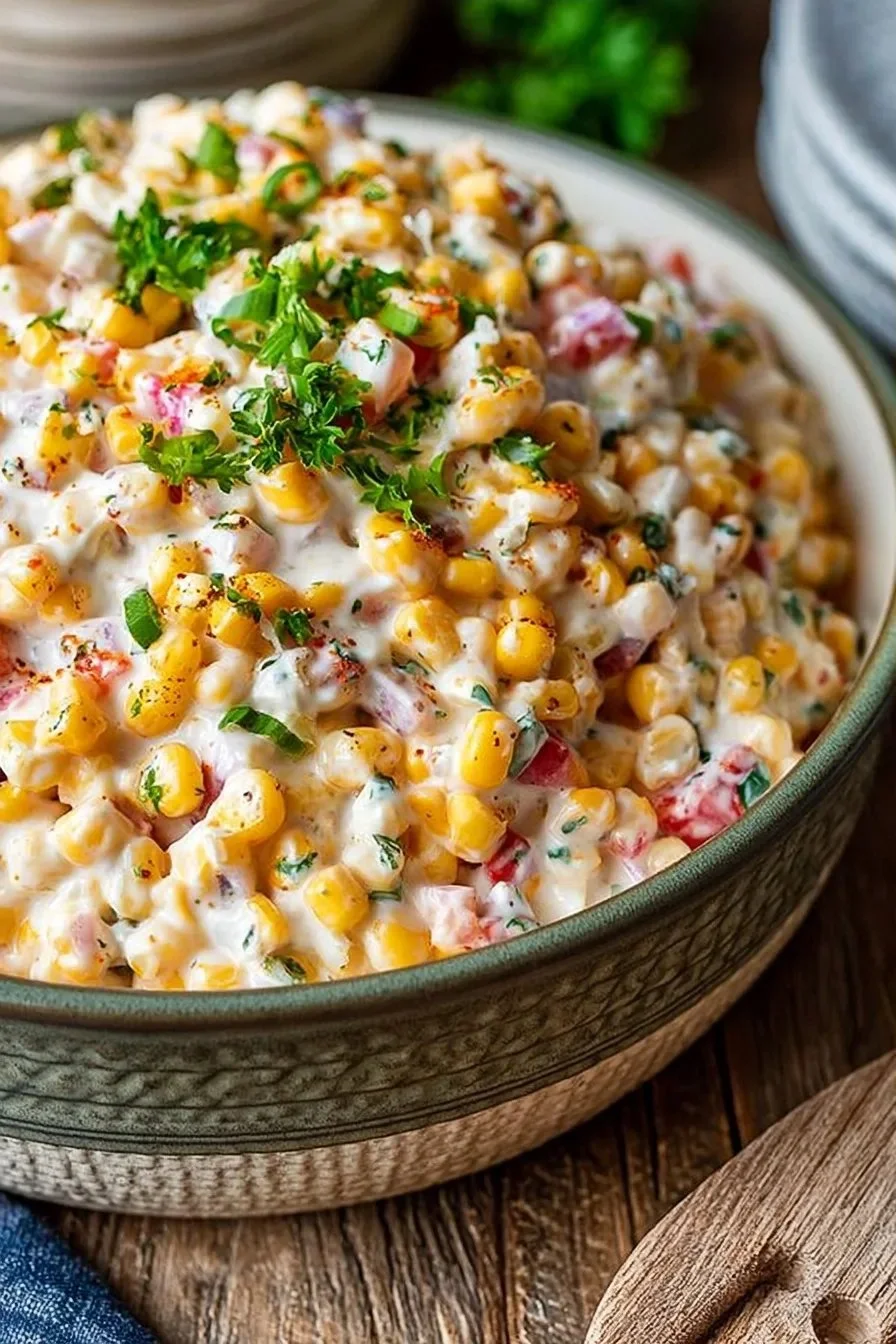 5-Ingredient Creamy Corn Salad in a bowl with fresh ingredients