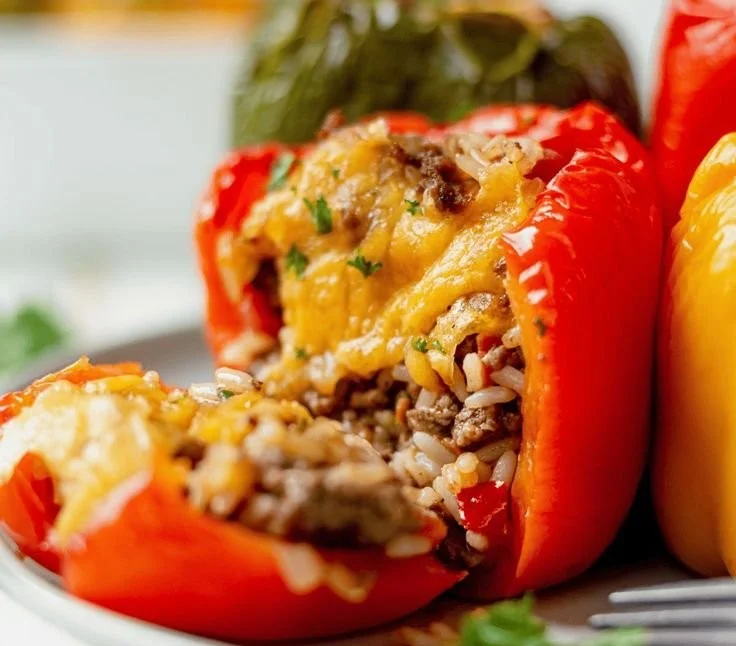 Air fryer stuffed peppers filled with a savory mix of ingredients.