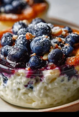 Baked blueberry cottage cheese breakfast bowl topped with fresh blueberries