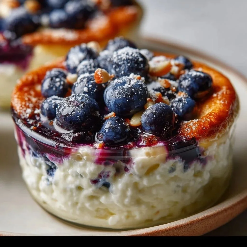 Baked blueberry cottage cheese breakfast bowl topped with fresh blueberries