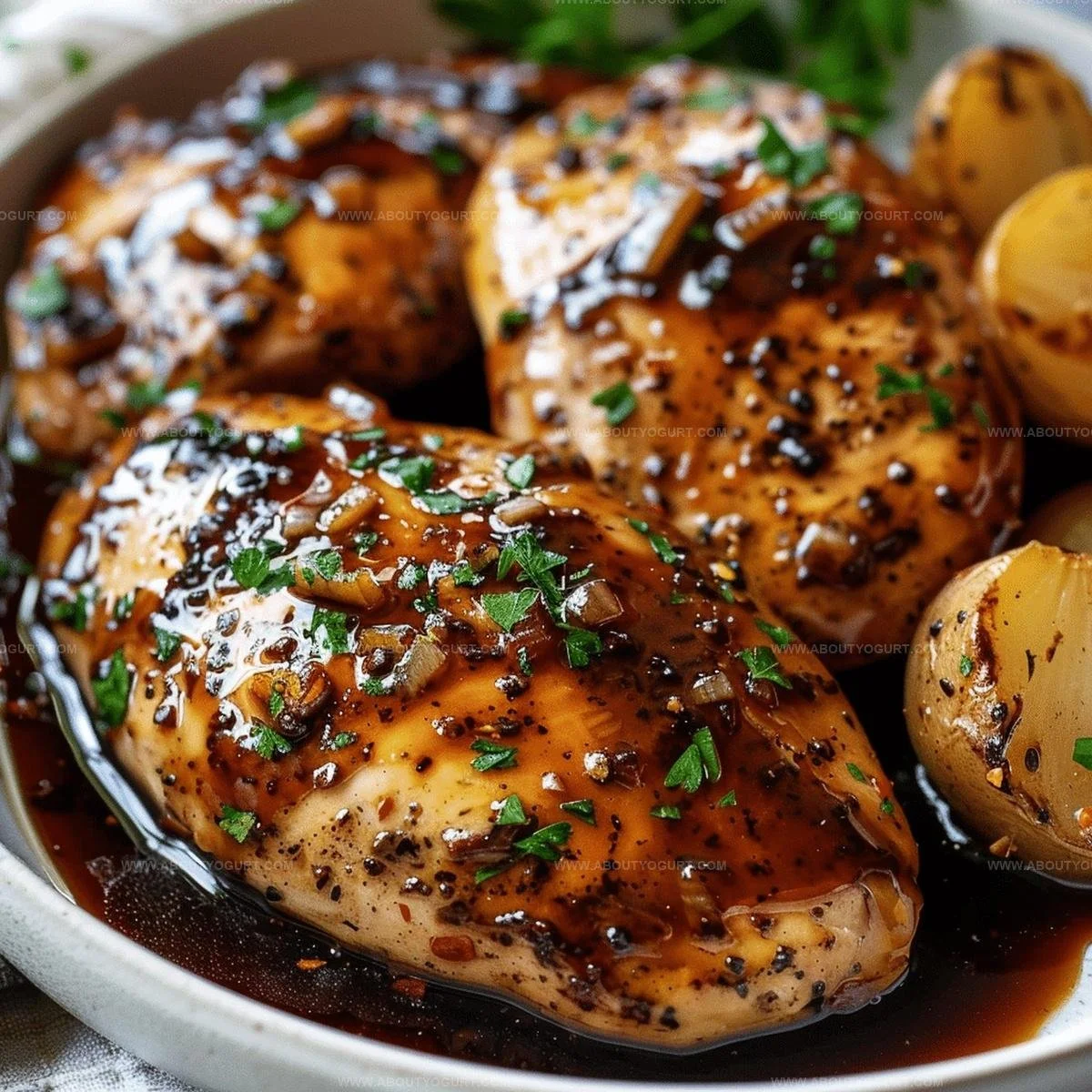 Balsamic baked chicken breast served with vegetables