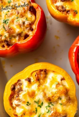 Plate of beef stuffed peppers, topped with cheese and herbs