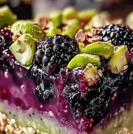 Delicious homemade Blackberry Pistachio Dream Bars with fresh blackberries and nuts