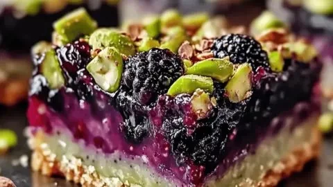 Delicious homemade Blackberry Pistachio Dream Bars with fresh blackberries and nuts
