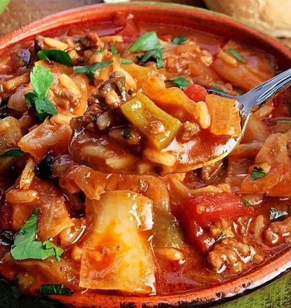 Cabbage soup with ground beef served in a bowl, garnished with herbs