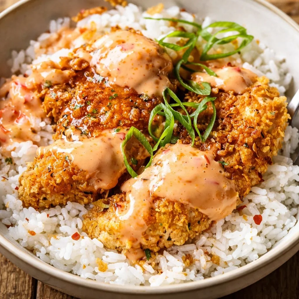 Cajun Chicken Rice Bowl topped with fresh vegetables and spices