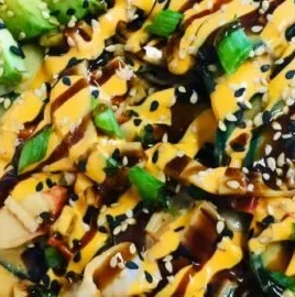 Freshly made California Roll Cucumber Salad with sushi ingredients