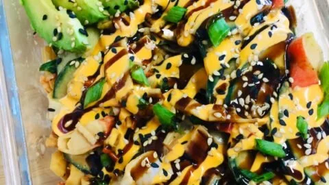 Freshly made California Roll Cucumber Salad with sushi ingredients