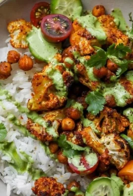 Delicious cauliflower shawarma bowl topped with fresh vegetables and sauce