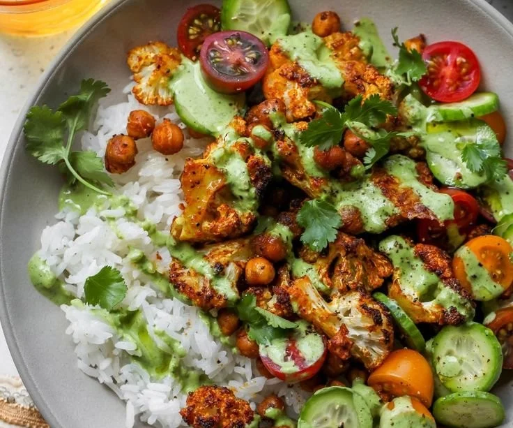 Delicious cauliflower shawarma bowl topped with fresh vegetables and sauce