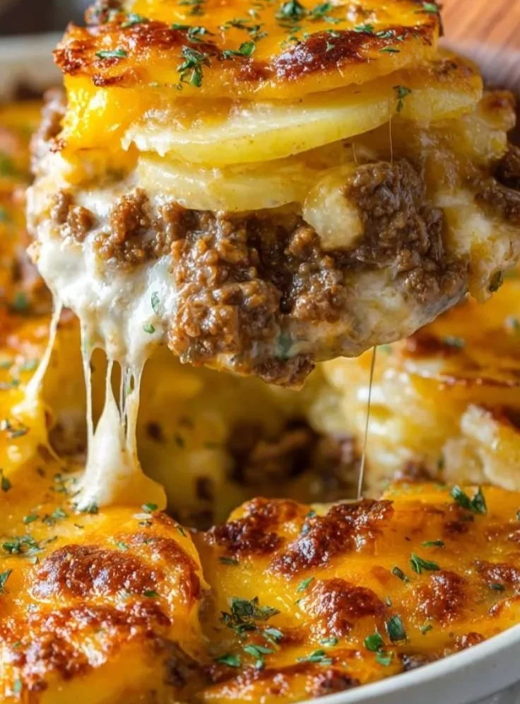 Cheesy Hamburger Potato Casserole garnished and ready to serve
