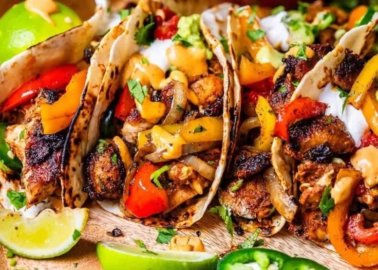 Colorful Chicken Fajitas served on a platter with fresh vegetables and toppings