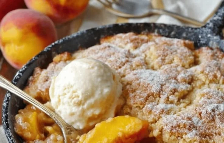 Bowl of Classic Southern Peach Cobbler with fresh peaches and golden crust