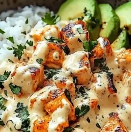 Coconut Chicken Rice Bowl with vegetables and a tropical garnish