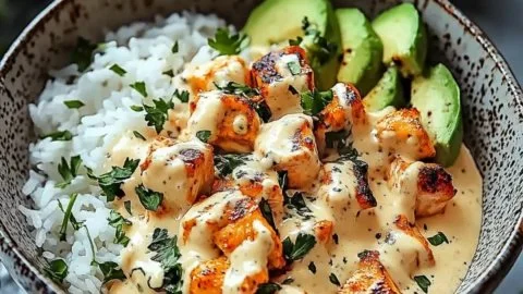 Coconut Chicken Rice Bowl with vegetables and a tropical garnish
