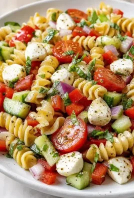 Bowl of cold summer pasta salad with fresh vegetables and herbs