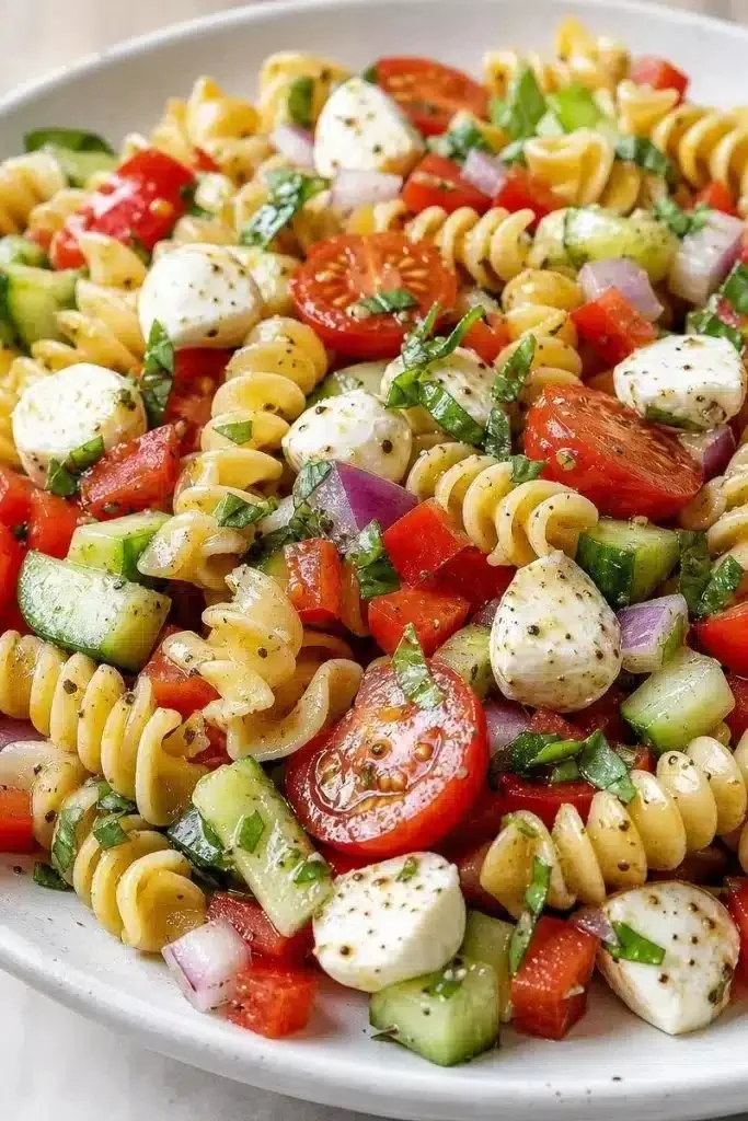 Bowl of cold summer pasta salad with fresh vegetables and herbs