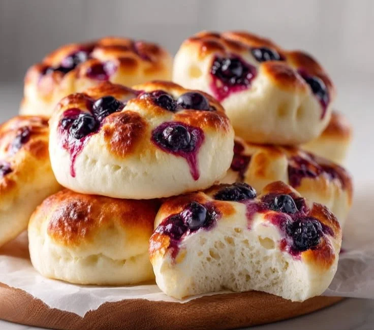 Cottage Cheese Blueberry Cloud Bread served on a wooden plate.