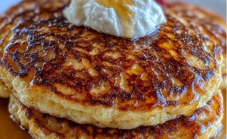 Delicious homemade cottage cheese pancakes served with syrup and fruits