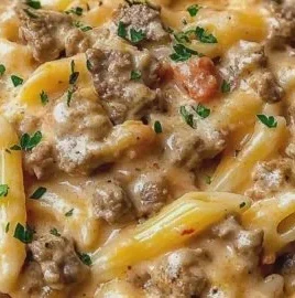 Creamy beef pasta dish garnished with herbs in a bowl