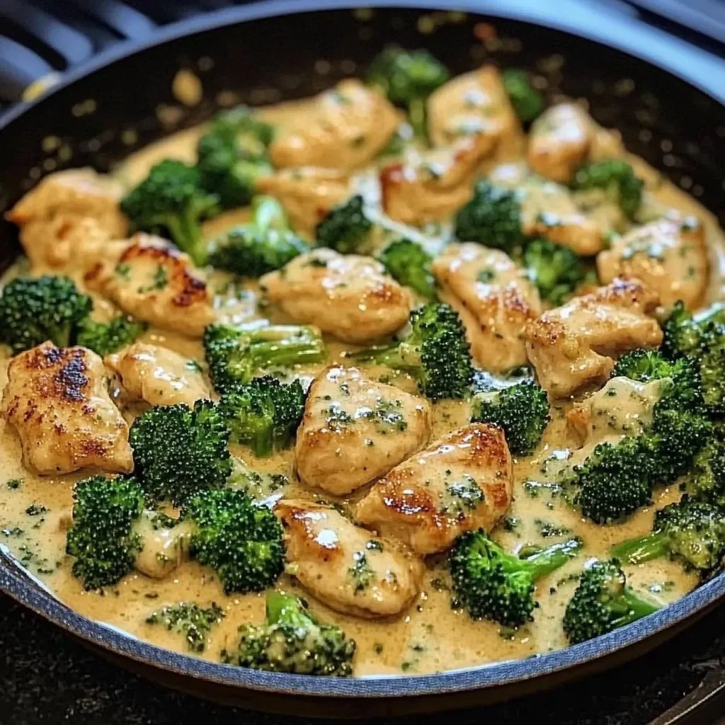 Creamy garlic chicken dish with broccoli in a skillet