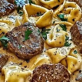 Creamy garlic steak tortellini skillet dish topped with herbs in a pan
