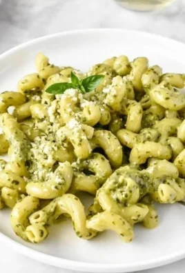 Plate of creamy pesto pasta garnished with pine nuts and basil