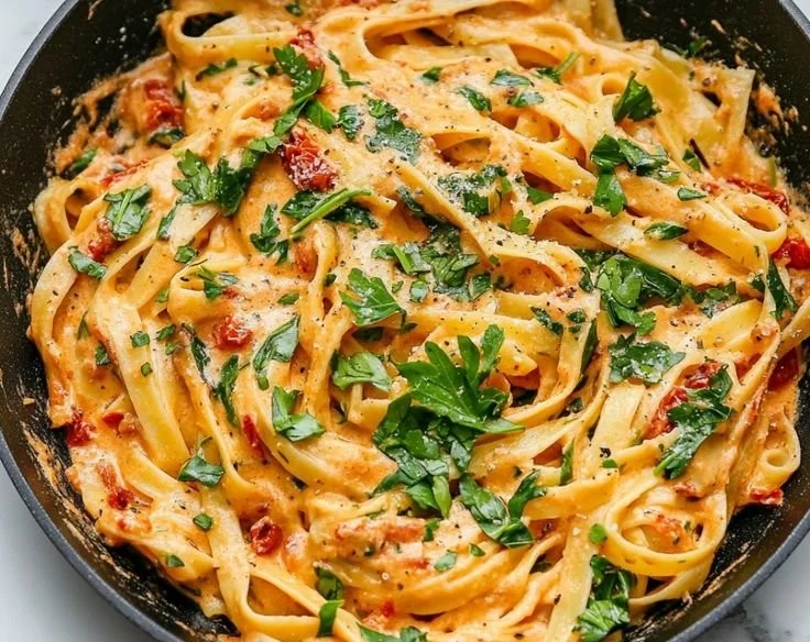 Creamy vegan sun-dried tomato pasta served in a bowl with fresh basil.